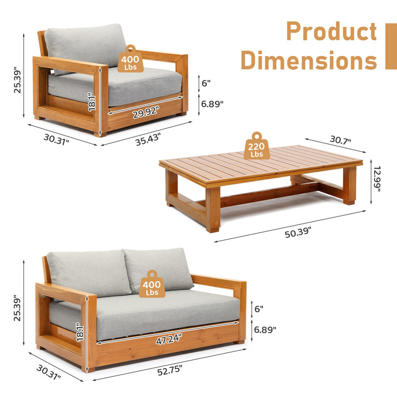 Ensemble de conversation de patio 4 pièces avec cadre en bois de sapin massif et coussins hydrofuges, Gris