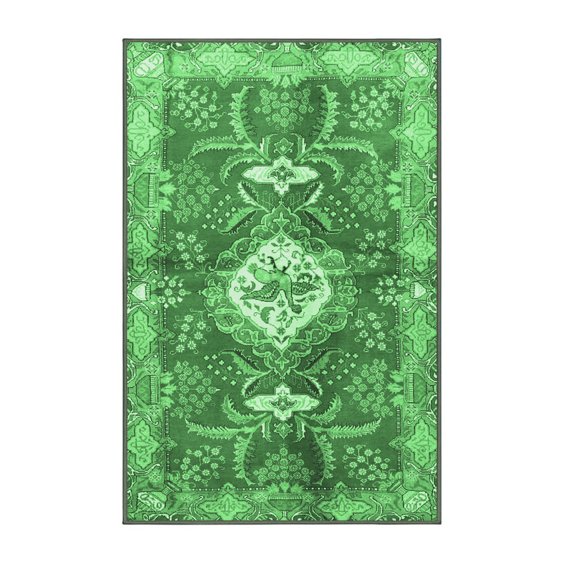 Tapis oriental en laine / polyester tissé à la machine Oldow - vert / ivoire / gris, Rectangle 3 pi x 5 pi