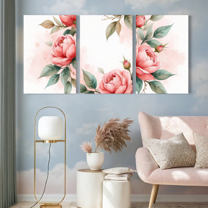 «Blush Pink Peony», reproduction d'art sur toile tendue sur toile (ensemble de 3), H 36 po x l 72 po