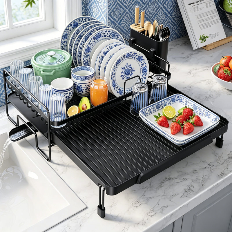 Extendable Dish Drying Rack, Auto Draining Dish Rack For Kitchen Counter
