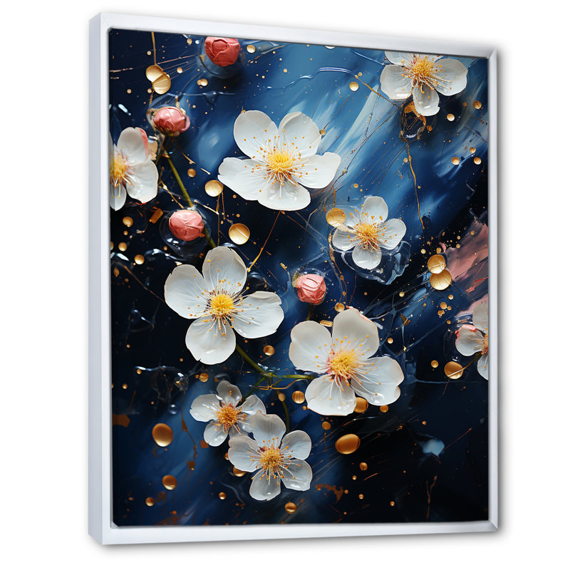 Fleurs de cerisier blanches et bleues I - Art mural cerisier en fleurs, H 20 po x l 12 po x P 1 po, Cadre flottant blanc