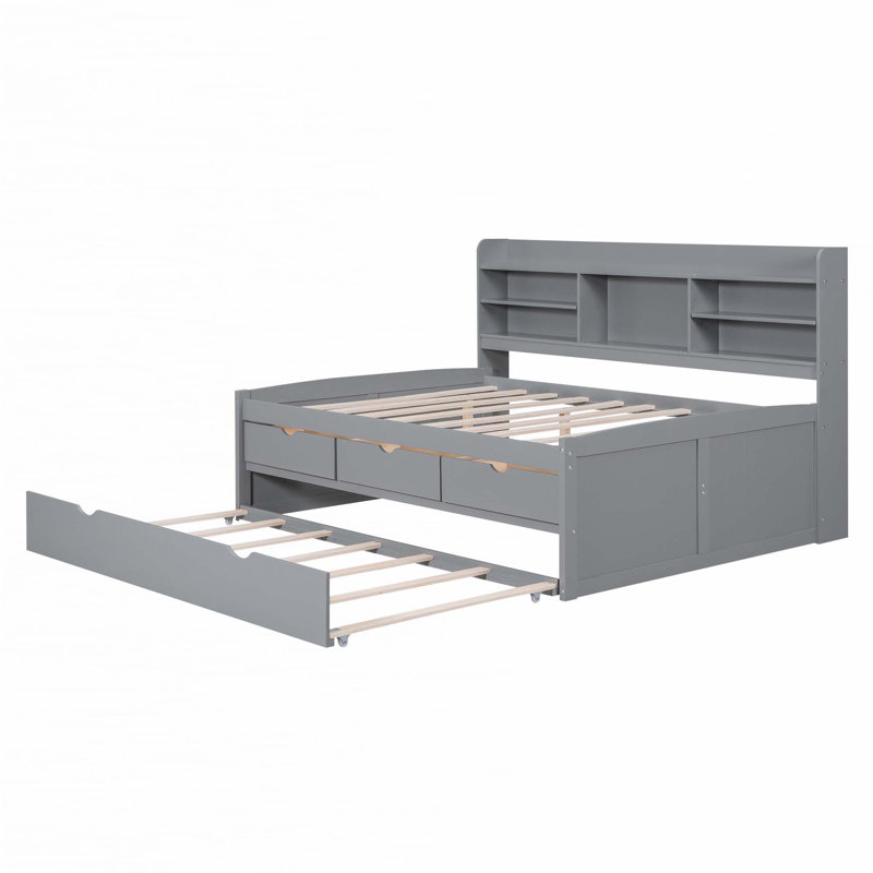 Wooden Captain Daybed Bed with Built-in Bookshelves, Gray, Full/Double