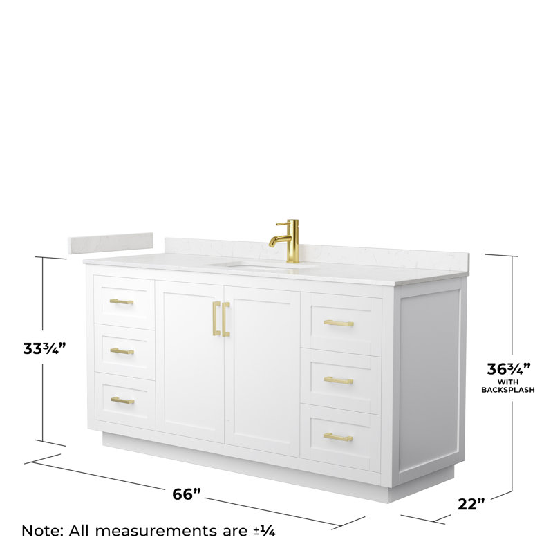 Miranda 66" Freestanding Single Bathroom Vanity with Cultured Marble Top, Gold, White, Carrara Cultured Marble