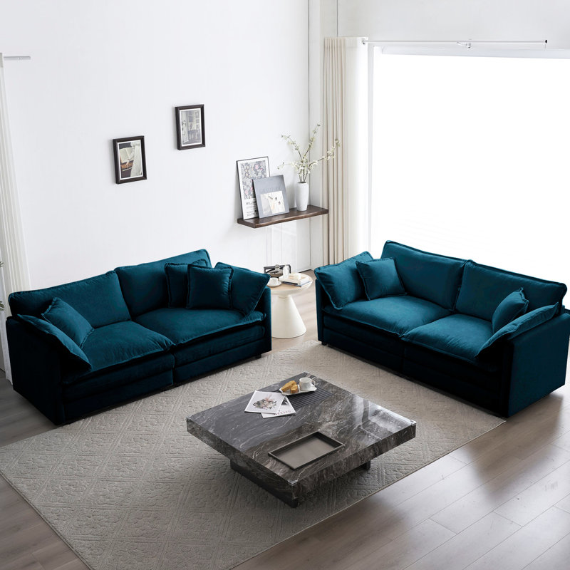 3 pièces en chenille bleue: mobilier de salon confortable. 2 x 2 places et 1 x canapés. Matériaux, structure en bois massif. Tissu respirant, éponge. Combinaison polyvalente, confort. Facile à assembler surdimensionné
