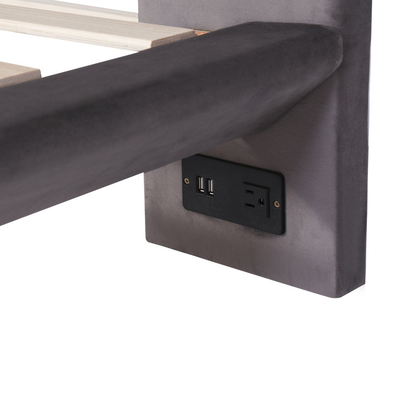 Lit plateforme tapissier avec capteur de lumière et 2 grands dossiers, lit plateforme élégant avec 2 ensembles de ports USB et douilles sur chaque pied de lit arrière