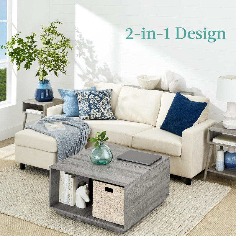 Gray Square Engineered Wood Lift-Top Coffee Table with Storage
