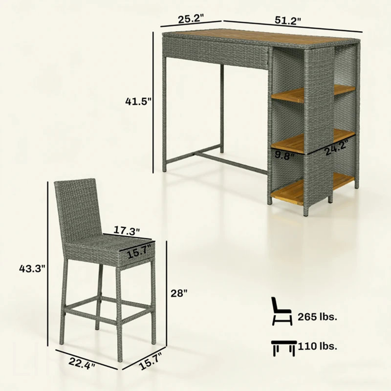 Table et chaises pour l'extérieur, ensemble de bar d'extérieur en osier 5 pièces, chaise