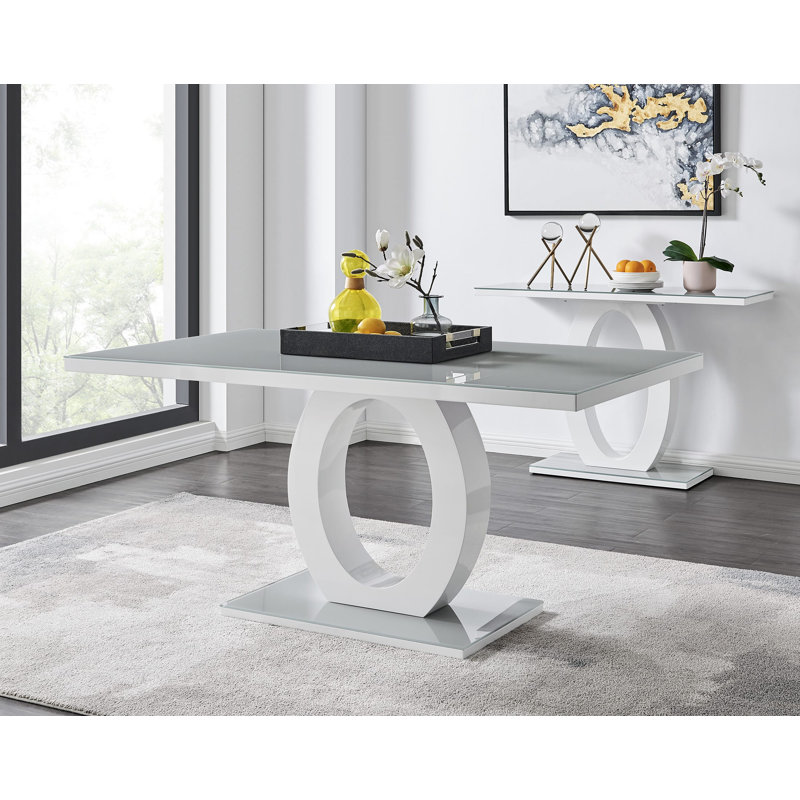 Scottsmoor High Gloss Halo Dining Table Set & 6 Luxury Faux Leather Dining Chairs - Modern Design, Grey, Black