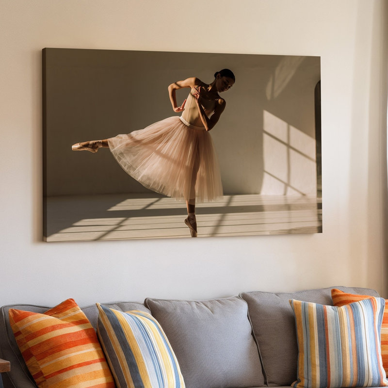 Toile, "A Graceful Ballet Dancer Strikes An Elegant Pose In A Wall Art" Softly Lit Studio Bathed In Warm Golden Sunlight Streaming, art mural