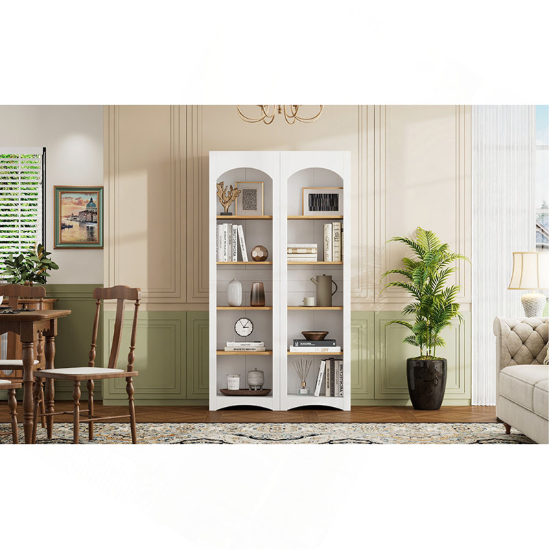 On-Trend Free Standing 5 Tier Bookshelves, Bookcases Set Of 2, Farmhouse Two-Tone Storage Cabinet With Adjustable Shelves, Modern 72"H Kitchen Pantry Cabinet For Living Room, Home Office