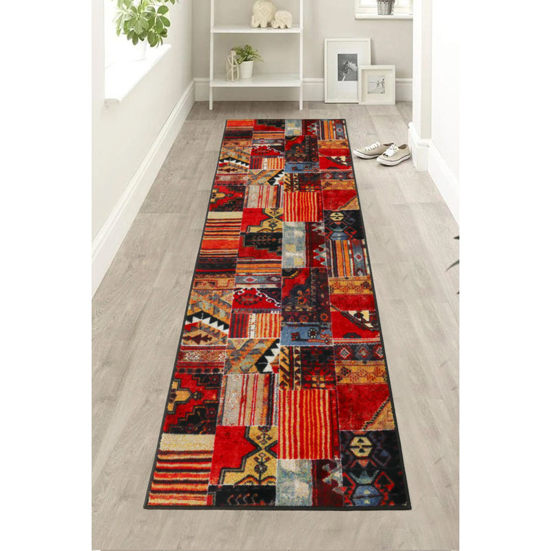 Tapis de couloir sur mesure à motif de tapis rouge et noir Southwestern, Tapis de couloir 2 pi 2 po x 30 pi