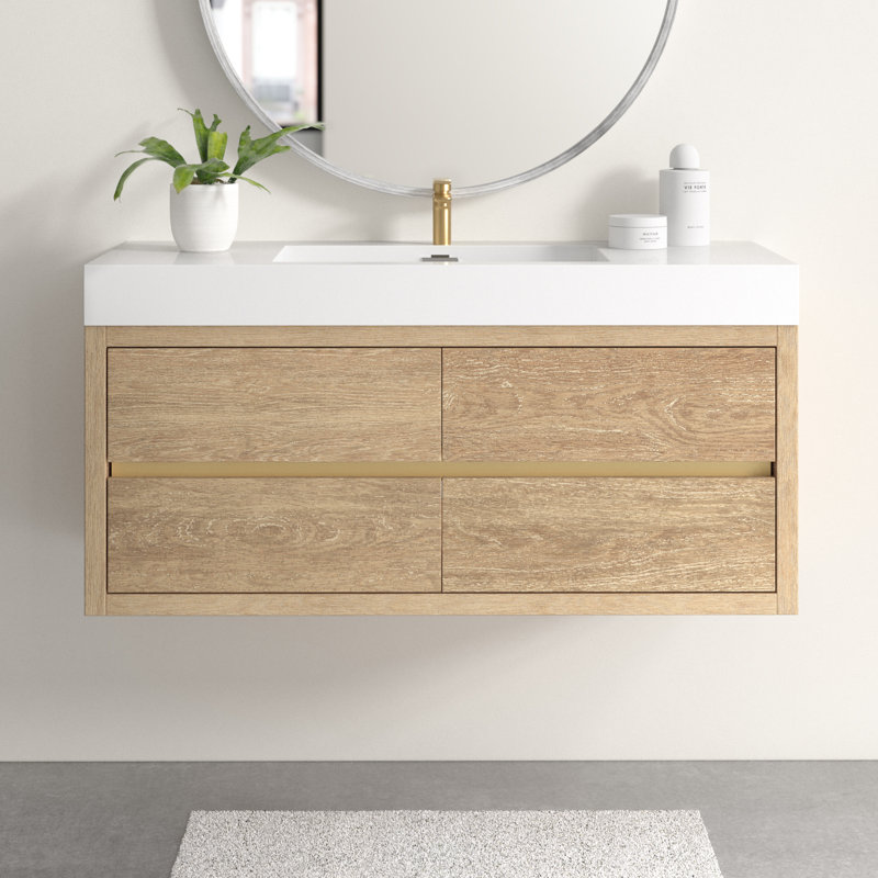 Kaushal 48'' Single Bathroom Vanity with Engineered Stone Top, White, North American Oak Finish