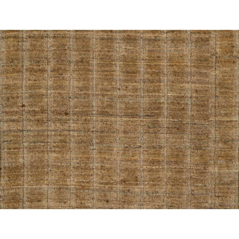 Tapis oriental rond brun clair chameau 5 pi x 5 pi tissé à la main, motif à rayures verticales avec effet sel et poivre