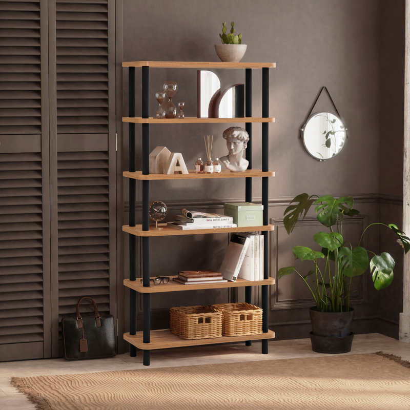 Modern Industrial Bookshelf, Black & Atlantic Pine, 31.5 x 66.3 x 11.0 inches | 100% Melamine Coated Particle Board, 1.0 inch Thickness | Easy Assembly - No Tools Required, Perfect for Home or Office Decor