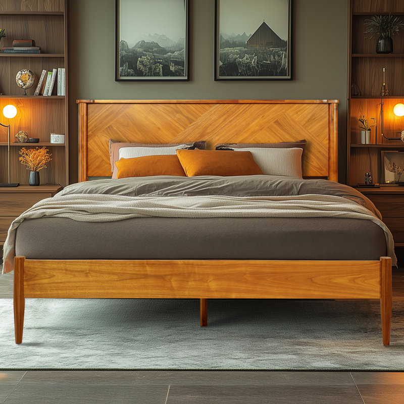 Kalleen Solid Wood Bed Frame with Artistic Patterned Headboard, Caramel, Queen