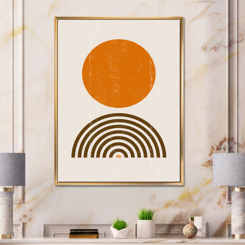 «Abstract Minimal Orange Sun and Rainbow I», cadre flottant, impression sur toile, Encadrement doré