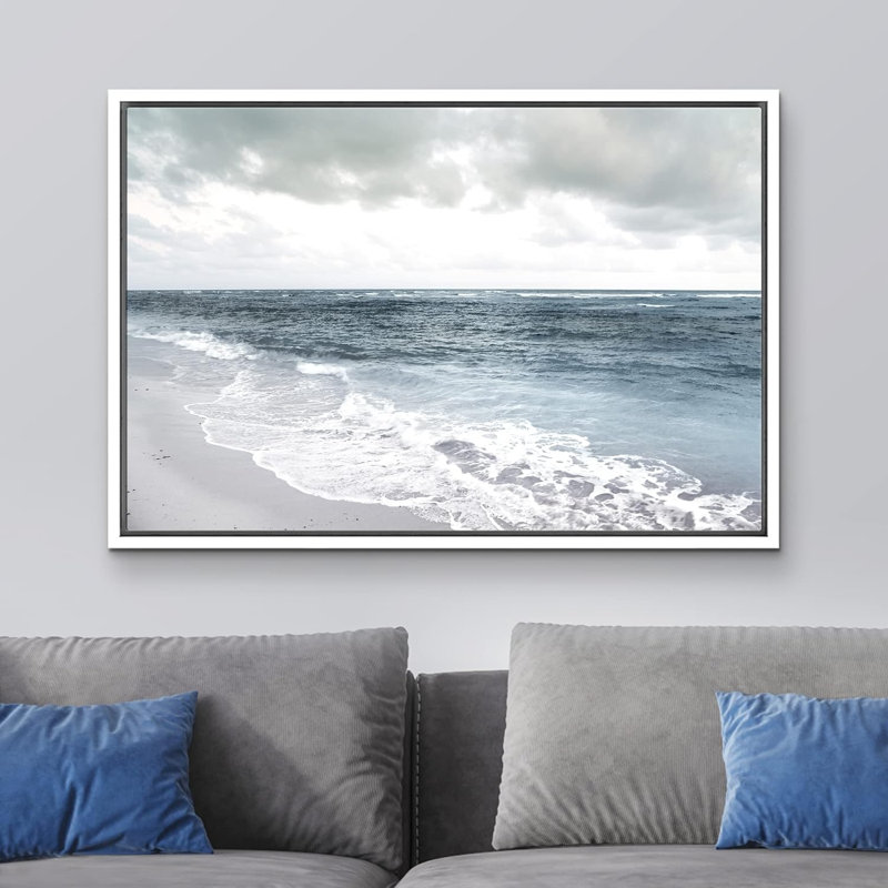 Coastal Beach " Washed Out Cloudy Gray Beach Shore ", 16'' H x 24'' W, White Framed