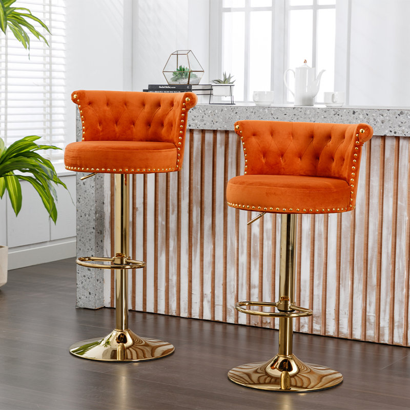Swivel Upholstered Adjustable Height Counter Stool With Metal Base Set of 2, Orange