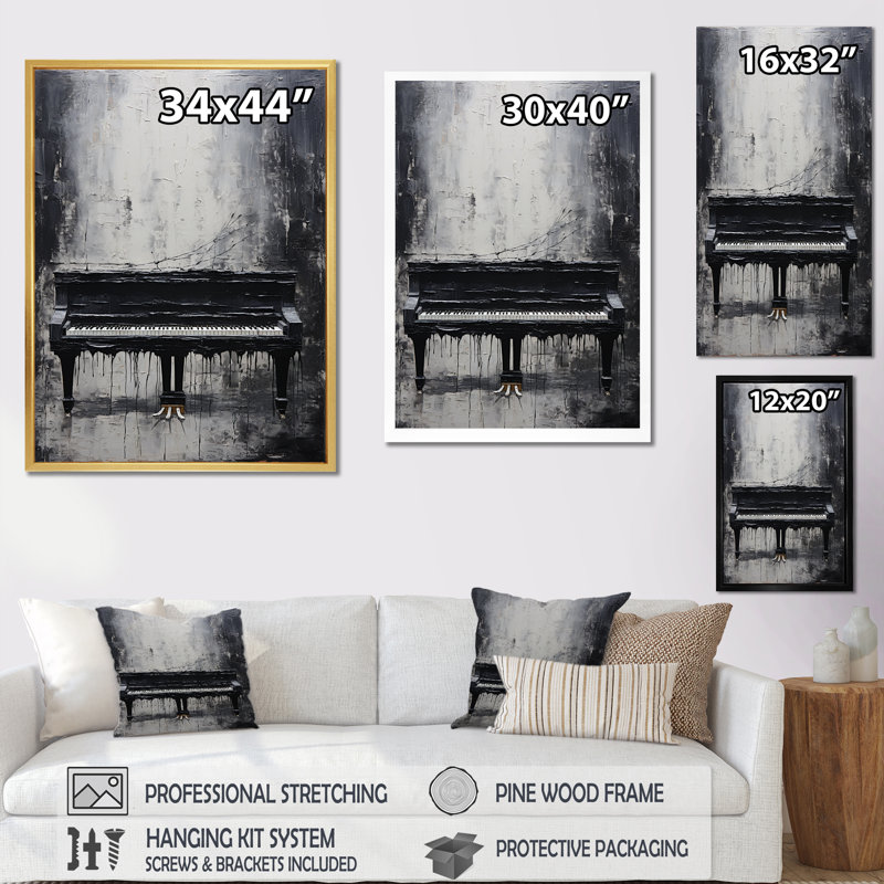Minimalisme, piano, minuit, noir et blanc sur toile, H 20 po x l 12 po x P 1 po, Toile tendue