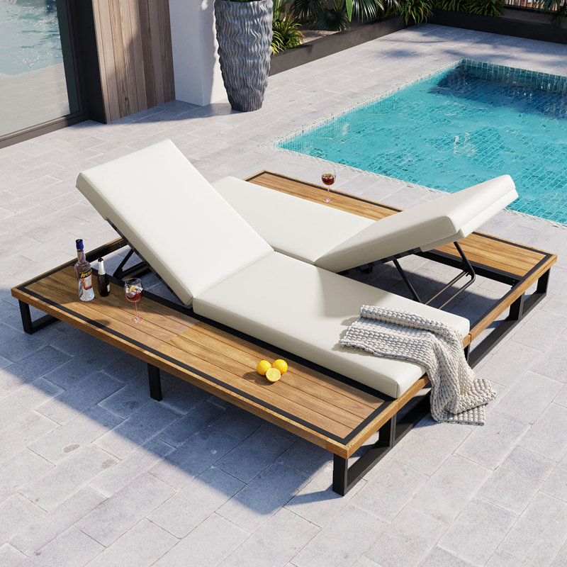 Chaise longue double avec dossier réglable et table d'appoint en bois, Beige