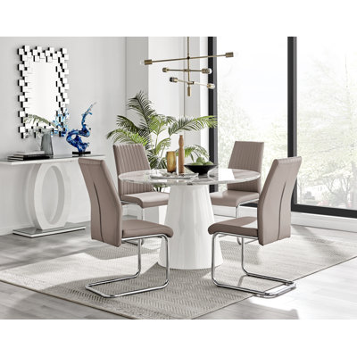 Edzard Statement Round Dining Table Set in Luxury Marble Effect & 4 Faux Leather Dining Chairs