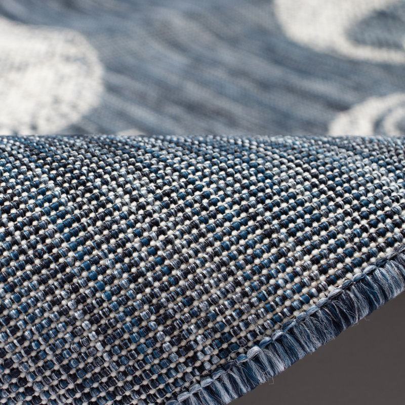 Tapis intérieur / extérieur bleu / blanc Saldanha, Rond 7 pi 10 po