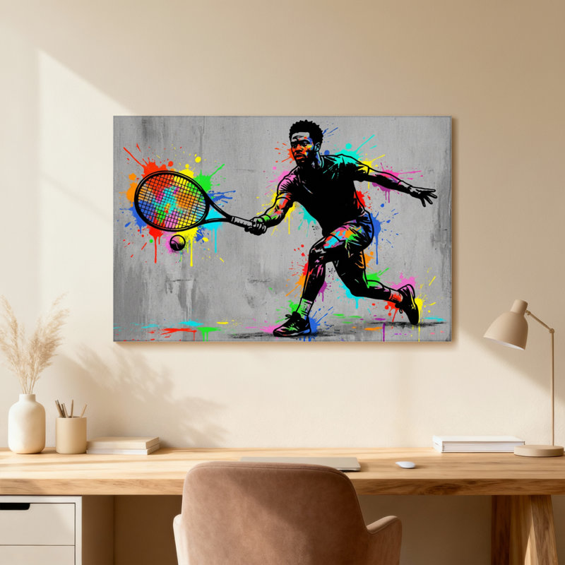 Joueur de tennis coloré en action avec fond Splash, H 24 po x l 36 po, Cadre photo unique, Grain de bois clair
