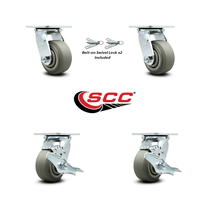 4 Inch Thermoplastic Rubber Caster Set with Roller Bearing 2 Swivel Lock 2 Brake|SCC-30CS420-TPRRF-BSL-2-TLB-2