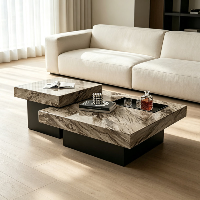 Table basse élégante avec plateau en ardoise et design minimaliste luxueux, 15.74" H x 27.55" W x 27.55" D, Brun