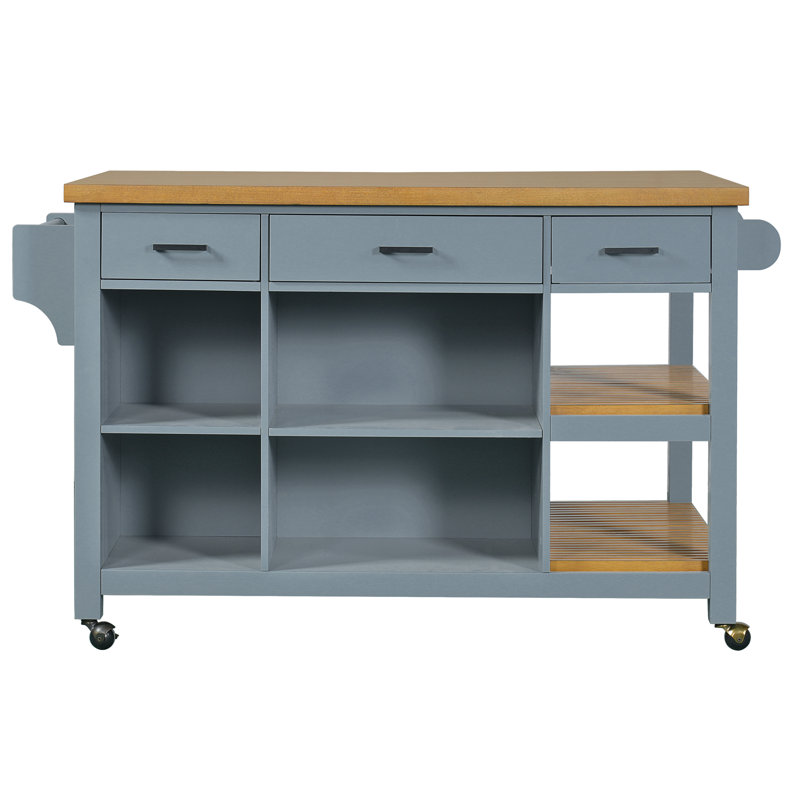 Îlot de cuisine mobile moderne avec plateau en bois d'hévéa, tiroirs de rangement, tablettes ouvertes et barre à serviettes, roulettes pour la cuisine et la salle à manger
