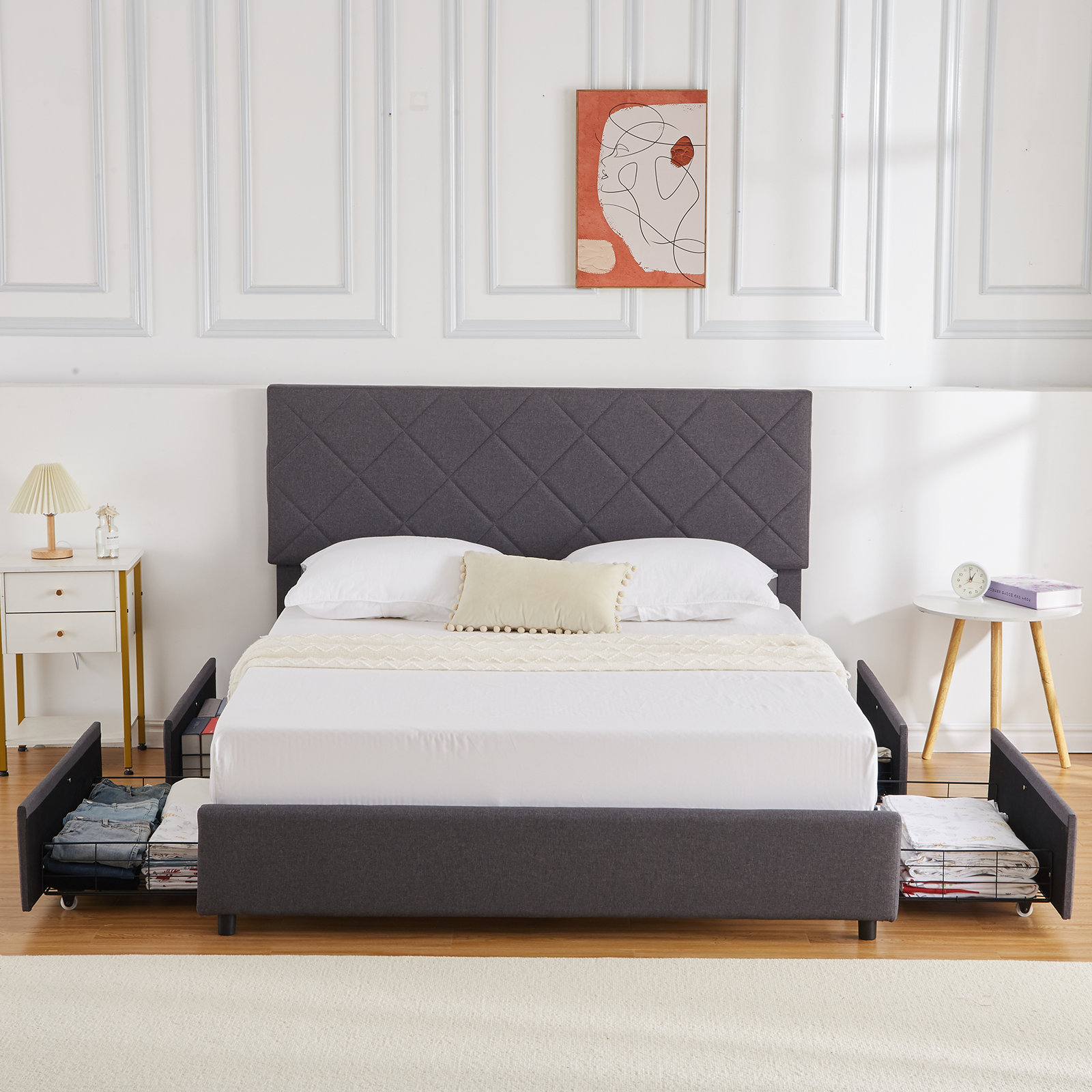 Ebern Designs Queen Size Upholstered Bed Frame with Adjustable Diamond ...