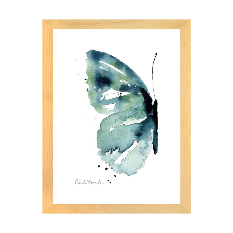 « Blue Butterfly Half » par Claudia Bianchi, reproduction d’art, H 24 po x l 16 po x P 1 po, Toile avec cadre en bois beige