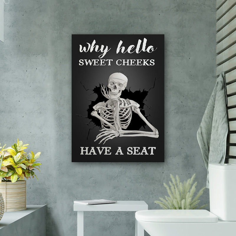 A Skeleton - Pourquoi, bonjour, ayez un siège, toile tendue avec châssis - décor d'illustration de salle de bain et de lessive, décor de salle de bain noir et blanc