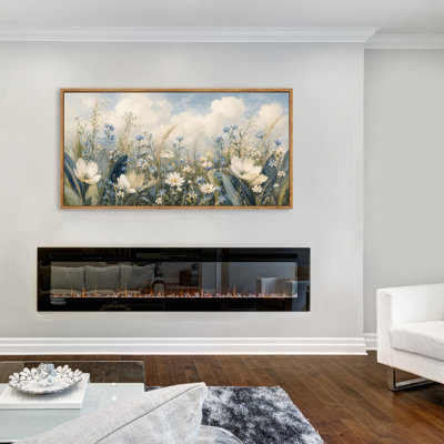 Framed Soft Blue Wildflower Garden Painting Canvas Wall Art, Large Horizontal Nature Artwork for Living Room 60"W x 30"H
