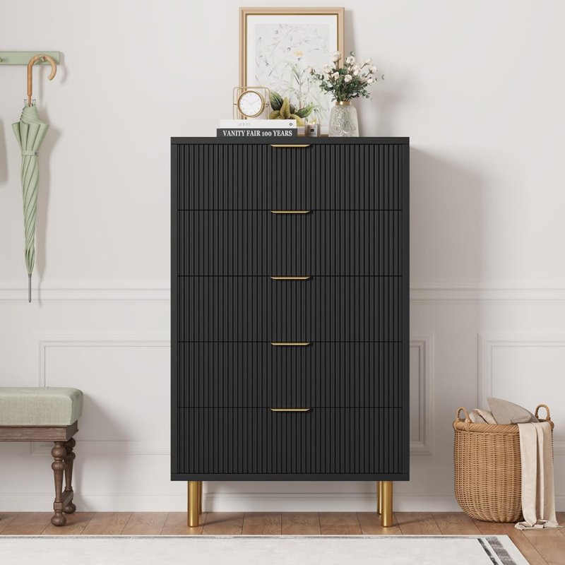 5-Drawer Modern Dresser, Wood Chest with Gold Handles, Tall Storage Cabinet for Bedroom or Closet, Black