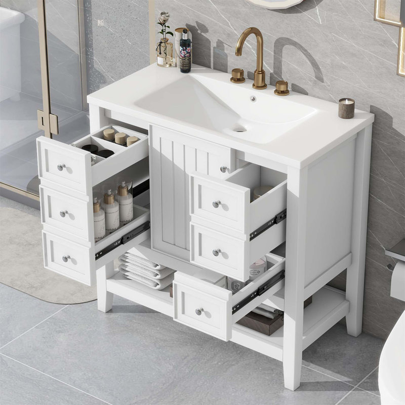 Ensemble de meuble-lavabo 36 po avec lavabo, une armoire et trois tiroirs, une tablette ouverte, Blanc