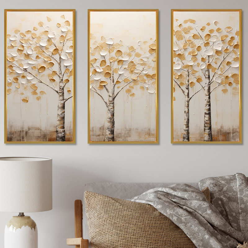 Ensemble d'armoire murale Beige Trees Harmony, Cadre flottant doré, H 40 po x l 60 po x P 1 po