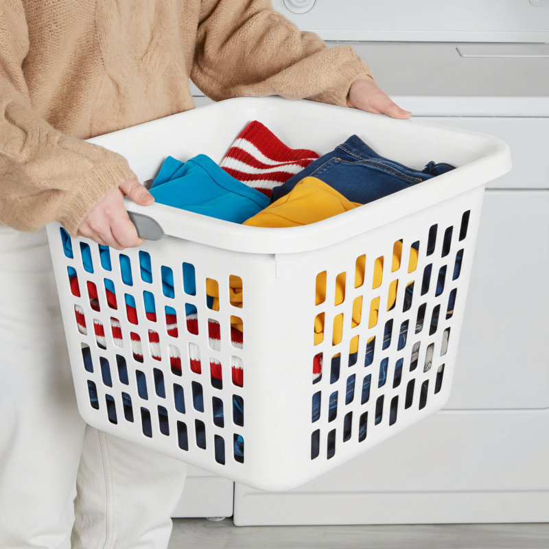 6-Pack Laundry Baskets, 1.5 Bushel Capacity, Plastic Material With Ventilation Holes + Large Handles For Easy Carrying And Storage, White, Square.