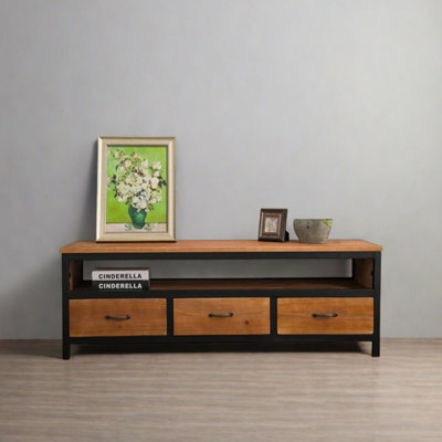 Meuble télé en bois massif rétro au design simple