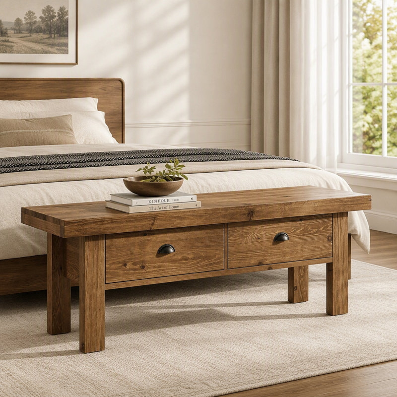 Banc d'entrée en bois massif de 140 cm, banc long de style campagnard, tabouret de bout de lit avec 2 tiroirs