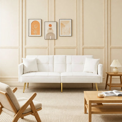 Canapé-lit futon crème en velours blanc avec pieds en métal doré