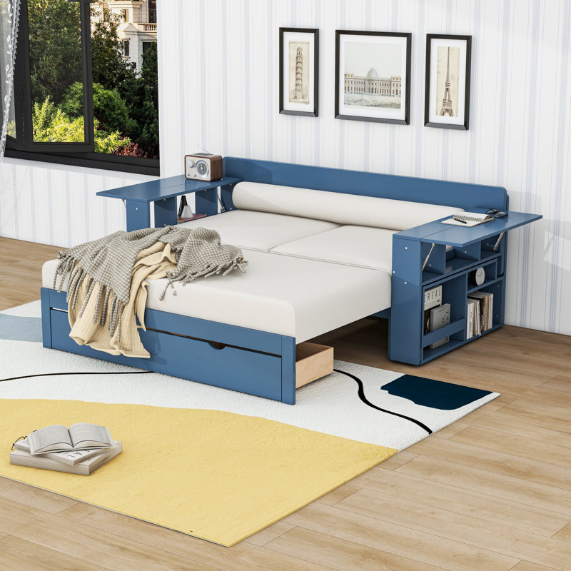 2 Drawers Daybed with Removable Desk and Side Shelves, Blue, Full/Double