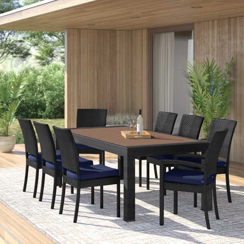 Ensemble repas rectangulaire pour 8 personnes avec coussins Sunbrella Fionnula, Cadre noir/brun/coussin bleu bonheur