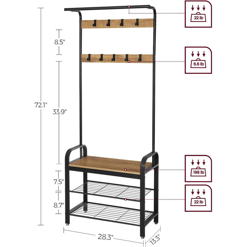 Coat Rack, Hall Tree With Shoe Bench For Entryway, Entryway Bench With Coat Rack, 4-In-1, With 9 Removable Hooks, A Hanging Rod, 13.3 X 28.3 X 72.1 Inches, Honey Brown And Black UHSR040B05