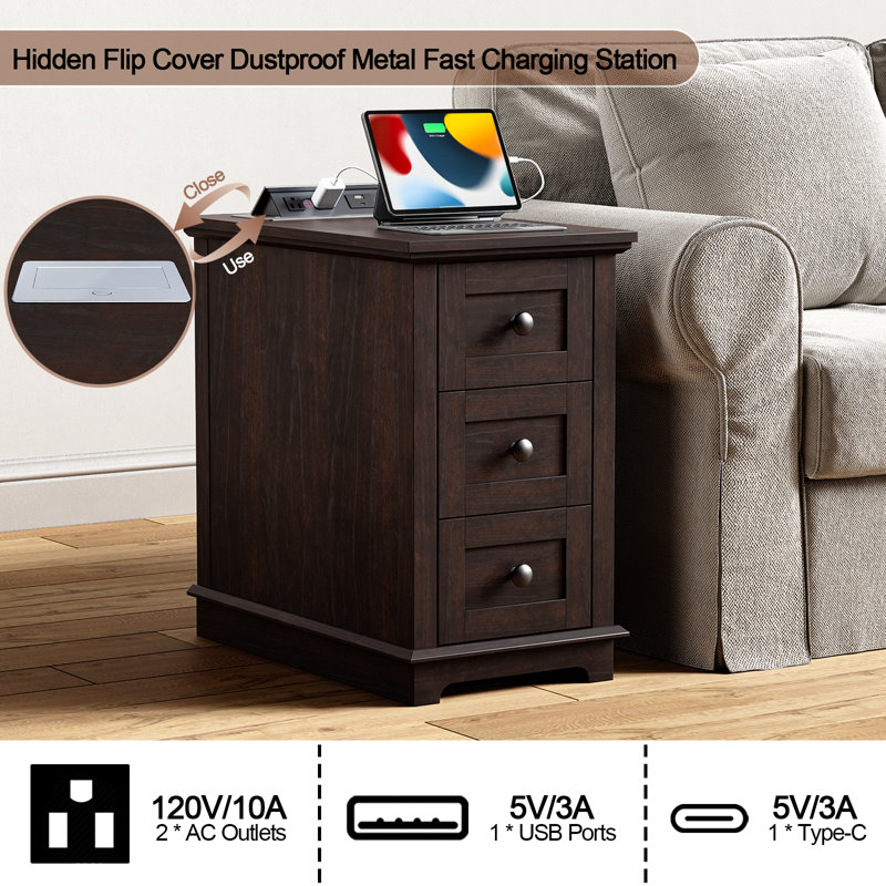 3 Drawers End Tables with Storage and Built-in Outlets for Living Room, Dark Walnut, Dark Walnut