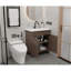 Une armoire de salle de bain brune de 30 pouces avec une porte horizontale à lattes, jumelée à un lavabo en céramique blanche, présente un design moderne à la fois imperméable et durable.-419860624