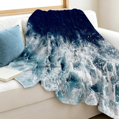 Jeté en molleton bleu flanelle ultra doux, vagues de mer avec magnifique imprimé d'un seul côté