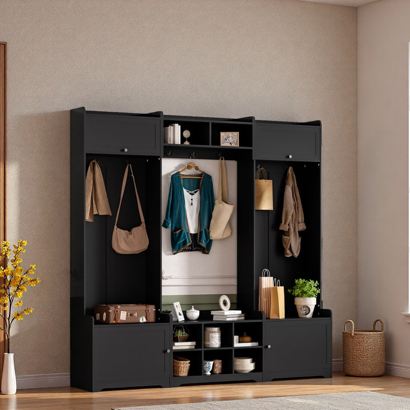 Hall Tree With Bench And Storage Cabinets, Entryway Organizer With Hooks, Seating, And Anti-Tip Kit, Durable Mdf Construction