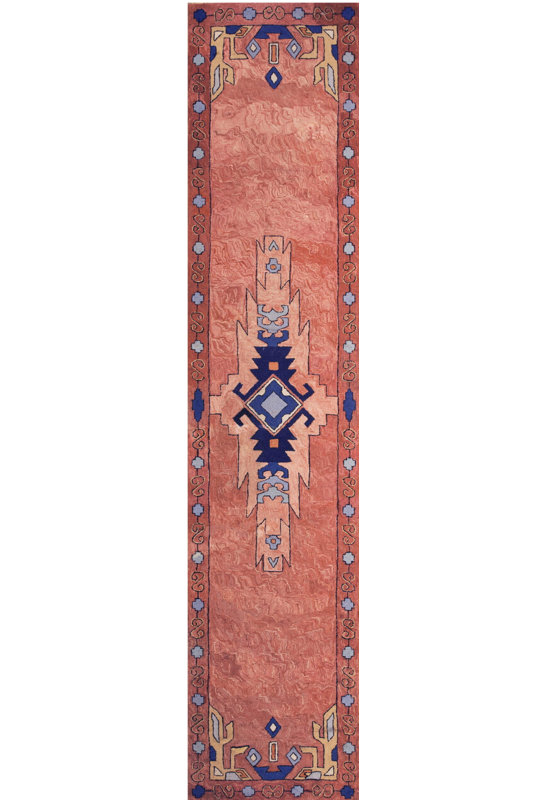 Coral Color Antique Blue Tribal Medallion American Hooked Hallway Runner Rug