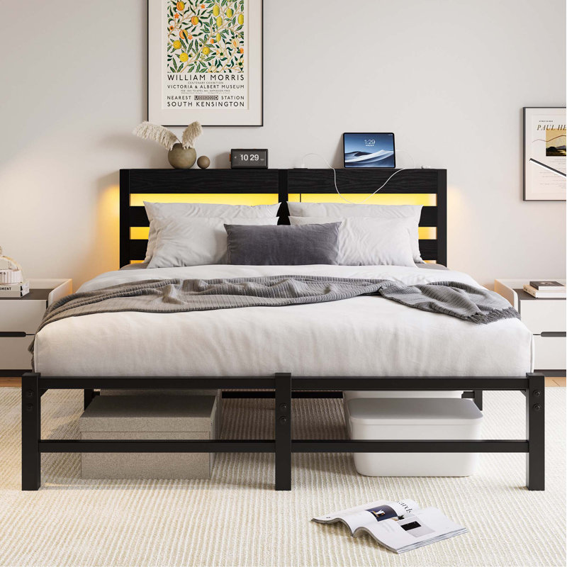 Queen Black Metal Bed Frame with Wooden Headboard and RGB Lights